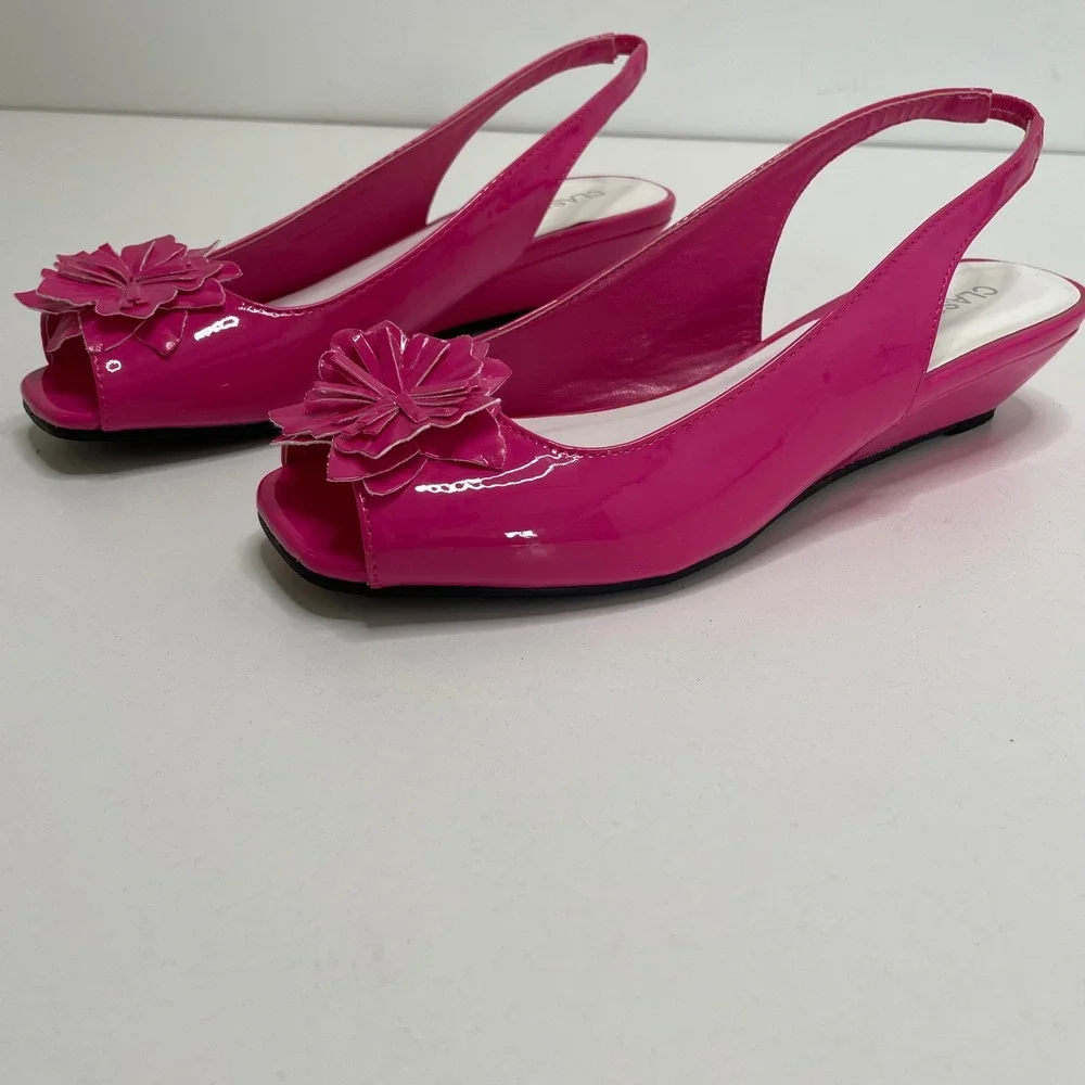 Hot Pink Patent Floral Peep Toe Slingback Wedge Sandals 8.5M Wedding Guest Bold